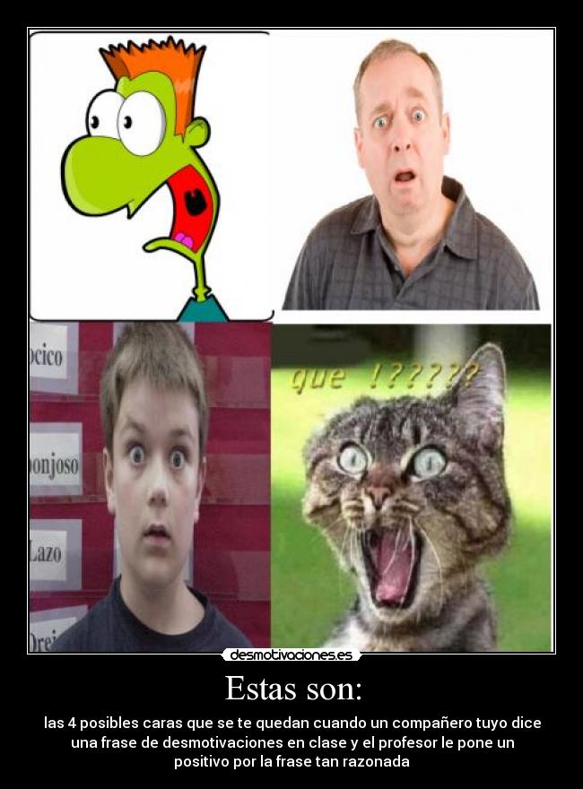 Estas son: - las 4 posibles caras que se te quedan cuando un compañero tuyo dice
una frase de desmotivaciones en clase y el profesor le pone un
positivo por la frase tan razonada