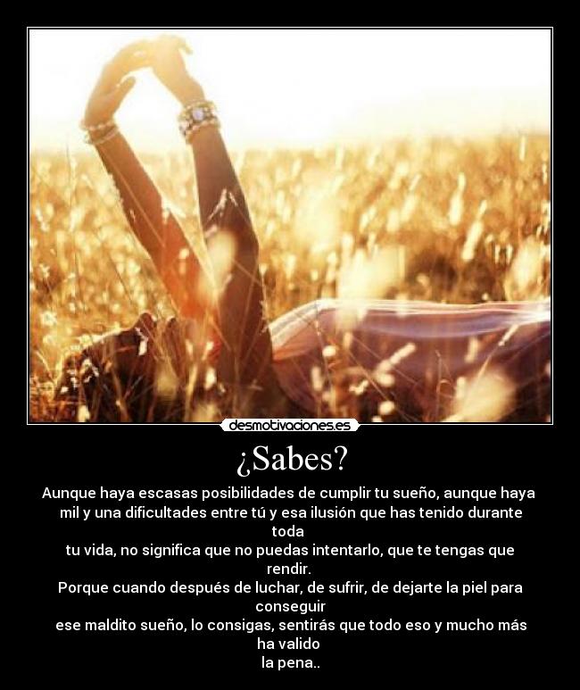 ¿Sabes? - Aunque haya escasas posibilidades de cumplir tu sueño, aunque haya 
mil y una dificultades entre tú y esa ilusión que has tenido durante toda 
tu vida, no significa que no puedas intentarlo, que te tengas que rendir. 
Porque cuando después de luchar, de sufrir, de dejarte la piel para conseguir
ese maldito sueño, lo consigas, sentirás que todo eso y mucho más ha valido 
la pena..♥