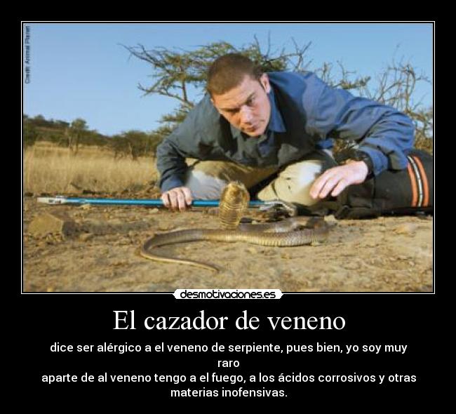 El cazador de veneno - dice ser alérgico a el veneno de serpiente, pues bien, yo soy muy
raro
aparte de al veneno tengo a el fuego, a los ácidos corrosivos y otras
materias inofensivas.