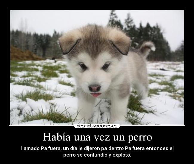 Había una vez un perro - llamado Pa fuera, un día le dijeron pa dentro Pa fuera entonces el
perro se confundió y exploto.