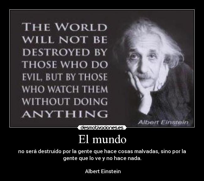 El mundo - no será destruido por la gente que hace cosas malvadas, sino por la
gente que lo ve y no hace nada.
Albert Einstein