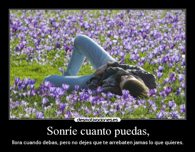 Sonríe cuanto puedas, - llora cuando debas, pero no dejes que te arrebaten jamas lo que quieres.