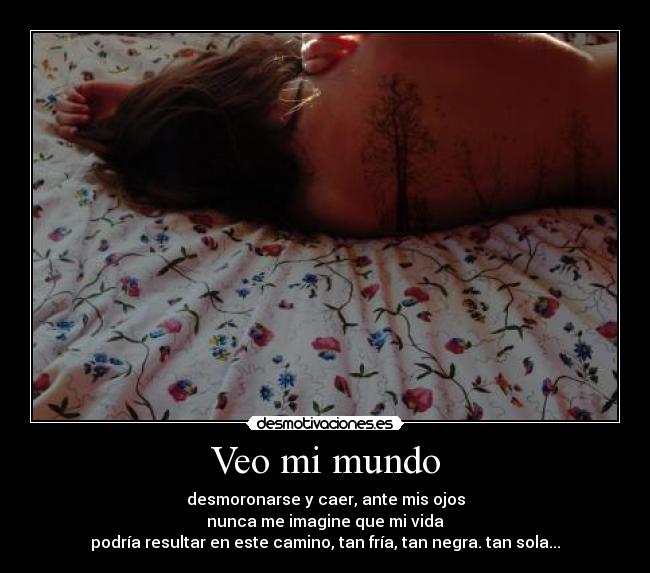 Veo mi mundo - desmoronarse y caer, ante mis ojos
nunca me imagine que mi vida
podría resultar en este camino, tan fría, tan negra. tan sola...