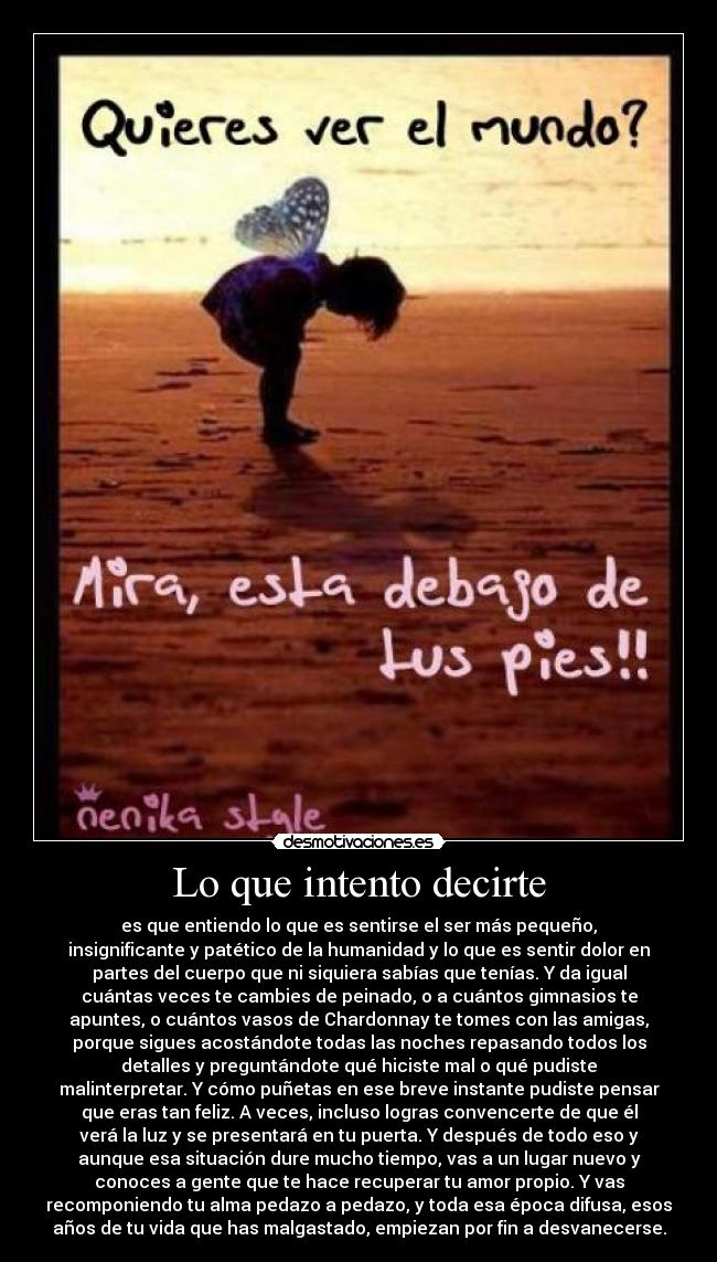 Lo que intento decirte - es que entiendo lo que es sentirse el ser más pequeño,
insignificante y patético de la humanidad y lo que es sentir dolor en
partes del cuerpo que ni siquiera sabías que tenías. Y da igual
cuántas veces te cambies de peinado, o a cuántos gimnasios te
apuntes, o cuántos vasos de Chardonnay te tomes con las amigas,
porque sigues acostándote todas las noches repasando todos los
detalles y preguntándote qué hiciste mal o qué pudiste
malinterpretar. Y cómo puñetas en ese breve instante pudiste pensar
que eras tan feliz. A veces, incluso logras convencerte de que él
verá la luz y se presentará en tu puerta. Y después de todo eso y
aunque esa situación dure mucho tiempo, vas a un lugar nuevo y
conoces a gente que te hace recuperar tu amor propio. Y vas
recomponiendo tu alma pedazo a pedazo, y toda esa época difusa, esos
años de tu vida que has malgastado, empiezan por fin a desvanecerse.