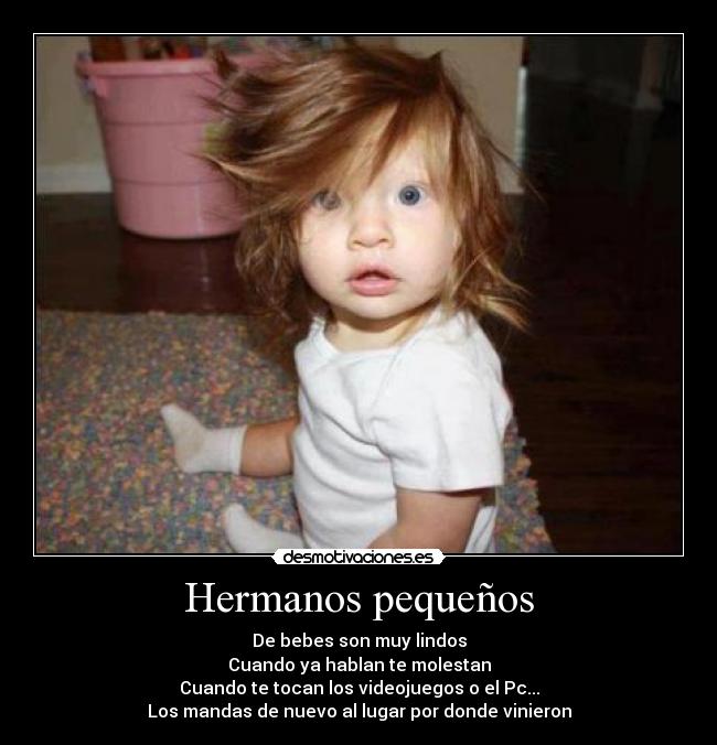 Hermanos pequeños - De bebes son muy lindos
Cuando ya hablan te molestan
Cuando te tocan los videojuegos o el Pc...
Los mandas de nuevo al lugar por donde vinieron