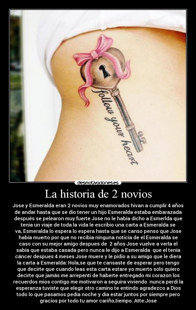 La historia de 2 novios - Jose y Esmeralda eran 2 novios muy enamorados hivan a cumplir 4 años
de andar hasta que se dio tener un hijo Esmeralda estaba embarazada
después se pelearon muy fuerte Jose no le había dicho a Esmerlda que
tenia un viaje de toda la vida le escribio una carta a Esmeralda se
va, Esmeralda lo espera lo espera hasta que se canso penso que Jose
había muerto por que no recibia ninguna noticia de el.Esmeralda se
caso con su mejor amigo despues de 2 años Jose vuelve a verla el
sabía que estaba casada pero nunca le dijo a Esmeralda que el tenía
cáncer despues 4 meses Jose muere y le pidio a su amigo que le diera
la carta a Esmeralda: Hola,se que te cansaste de esperar pero tengo
que decirte que cuando leas esta carta estare yo muerto solo quiero
decirte que jamás me arrepenti de haberte entregado mi corazon los
recuerdos mios contigo me motivaron a seguira viviendo nunca perdi la
esperanza tuviste que elegir otro camino te entindo agradezco a Dios
todo lo que pasamos pedia noche y dia estar juntos por siempre pero
gracios por todo tu amor cariño,tiempo. Atte:Jose