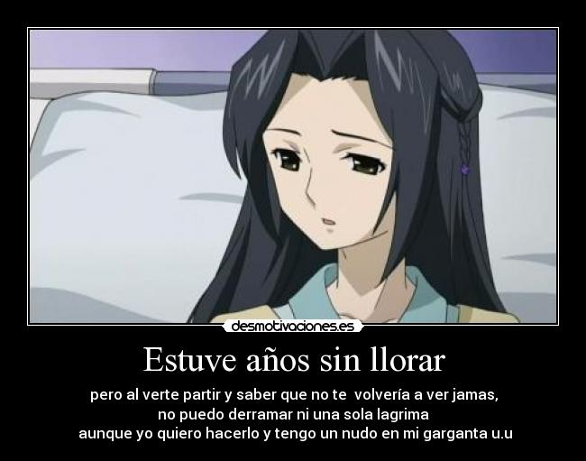 Estuve años sin llorar - pero al verte partir y saber que no te volvería a ver jamas,
no puedo derramar ni una sola lagrima
aunque yo quiero hacerlo y tengo un nudo en mi garganta u.u