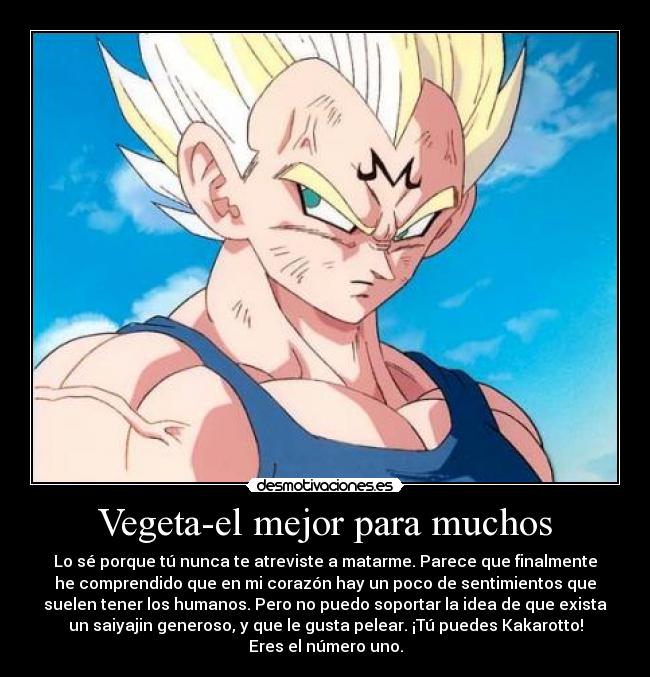 Vegeta-el mejor para muchos - Lo sé porque tú nunca te atreviste a matarme. Parece que finalmente
he comprendido que en mi corazón hay un poco de sentimientos que
suelen tener los humanos. Pero no puedo soportar la idea de que exista
un saiyajin generoso, y que le gusta pelear. ¡Tú puedes Kakarotto!
Eres el número uno.