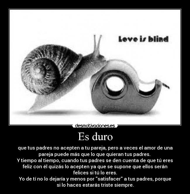 Es duro - que tus padres no acepten a tu pareja, pero a veces el amor de una
pareja puede más que lo que quieran tus padres.
Y tiempo al tiempo, cuando tus padres se den cuenta de que tú eres
feliz con él quizás lo acepten ya que se supone que ellos serán
felices si tú lo eres.
Yo de tí no lo dejaría y menos por satisfacer a tus padres, porque
si lo haces estarás triste siempre.