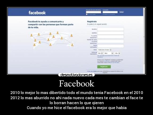 Facebook - 2010 lo mejor lo mas dibertido todo el mundo tenia Facebook en el 2010
2012 lo mas aburrido no ahi nada nuevo cada mes te cambian el face te
lo borran hacen lo que qieren
Cuando yo me hice el facebook era lo mejor que habia