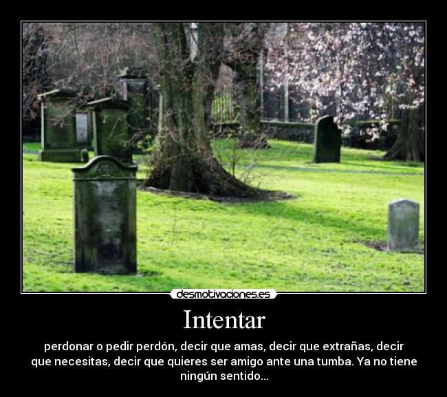 Intentar - perdonar o pedir perdón, decir que amas, decir que extrañas, decir
que necesitas, decir que quieres ser amigo ante una tumba. Ya no tiene
ningún sentido...