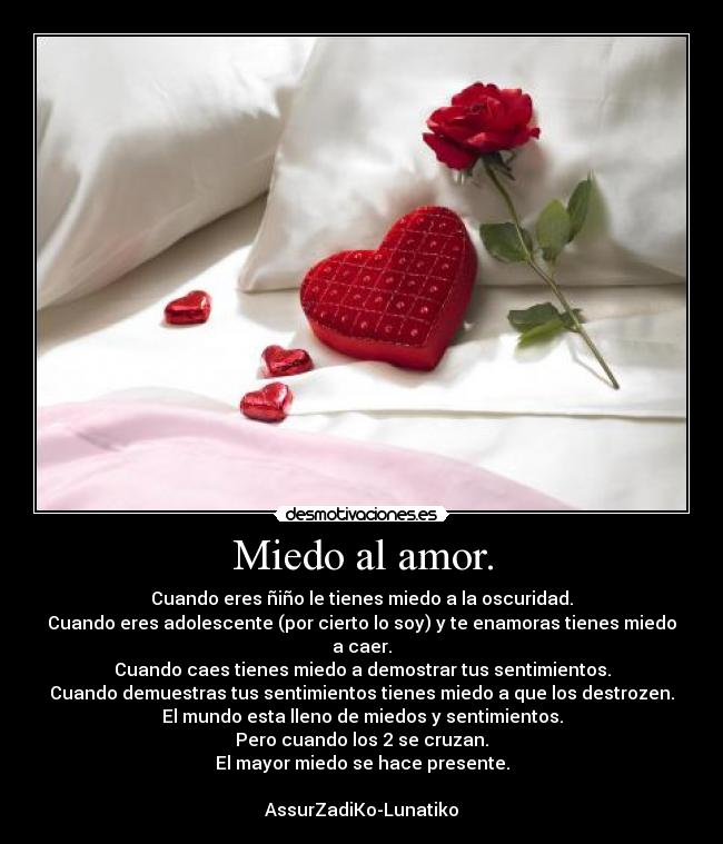 Miedo al amor. - Cuando eres ñiño le tienes miedo a la oscuridad.
Cuando eres adolescente (por cierto lo soy) y te enamoras tienes miedo a caer.
Cuando caes tienes miedo a demostrar tus sentimientos.
Cuando demuestras tus sentimientos tienes miedo a que los destrozen.
El mundo esta lleno de miedos y sentimientos.
Pero cuando los 2 se cruzan.
El mayor miedo se hace presente.

AssurZadiKo-Lunatiko