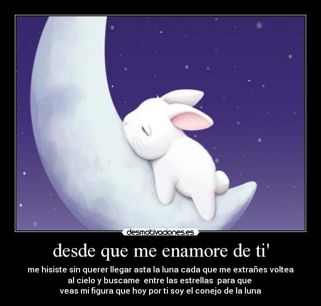 desde que me enamore de ti - me hisiste sin querer llegar asta la luna cada que me extrañes voltea
al cielo y buscame entre las estrellas para que
veas mi figura que hoy por ti soy el conejo de la luna