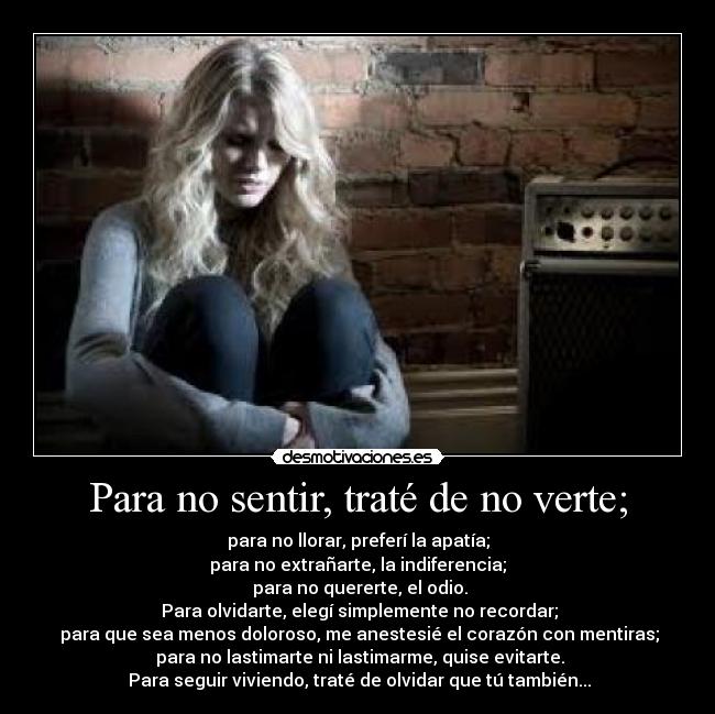 Para no sentir, traté de no verte; - para no llorar, preferí la apatía;
para no extrañarte, la indiferencia;
 para no quererte, el odio.
 Para olvidarte, elegí simplemente no recordar;
 para que sea menos doloroso, me anestesié el corazón con mentiras;
 para no lastimarte ni lastimarme, quise evitarte.
 Para seguir viviendo, traté de olvidar que tú también...