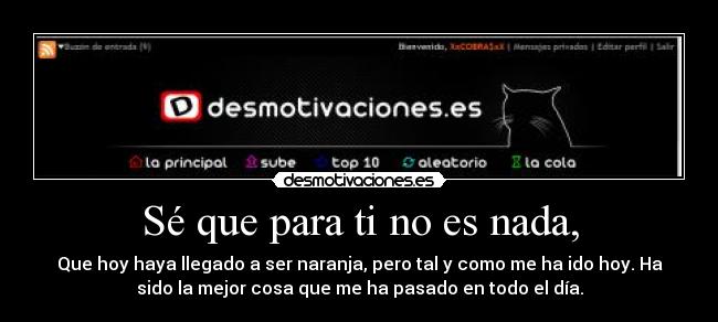 Sé que para ti no es nada, - Que hoy haya llegado a ser naranja, pero tal y como me ha ido hoy. Ha
sido la mejor cosa que me ha pasado en todo el día.