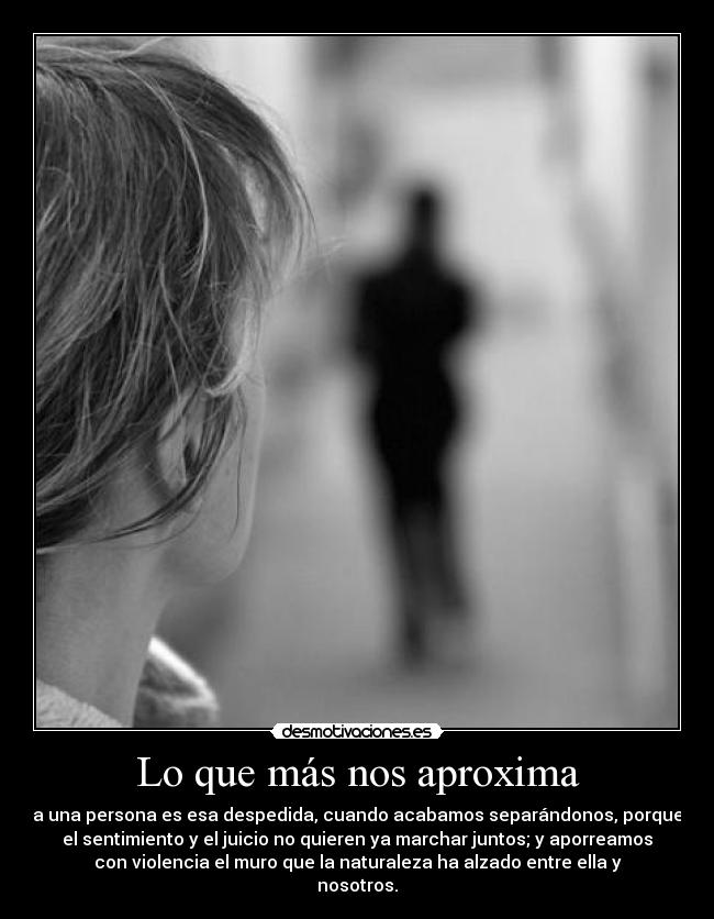 Lo que más nos aproxima - a una persona es esa despedida, cuando acabamos separándonos, porque
el sentimiento y el juicio no quieren ya marchar juntos; y aporreamos
con violencia el muro que la naturaleza ha alzado entre ella y
nosotros.