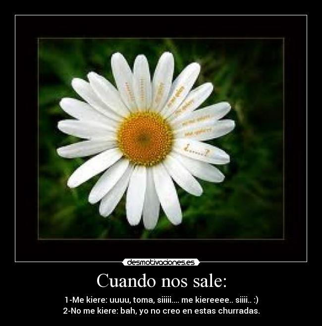 Cuando nos sale: - 1-Me kiere: uuuu, toma, siiiii.... me kiereeee.. siiii.. :)
2-No me kiere: bah, yo no creo en estas churradas.