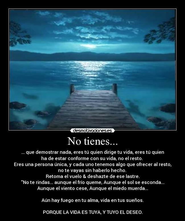 No tienes... - ... que demostrar nada, eres tú quien dirige tu vida, eres tú quien
ha de estar conforme con su vida, no el resto. 
Eres una persona única, y cada uno tenemos algo que ofrecer al resto,
no te vayas sin haberlo hecho. 
Retoma el vuelo & deshazte de ese lastre.
No te rindas... aunque el frío queme, Aunque el sol se esconda...
Aunque el viento cese, Aunque el miedo muerda...

Aún hay fuego en tu alma, vida en tus sueños.

PORQUE LA VIDA ES TUYA, Y TUYO EL DESEO.