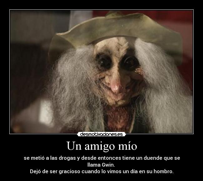 Un amigo mío - se metió a las drogas y desde entonces tiene un duende que se llama Gwin.
Dejó de ser gracioso cuando lo vimos un día en su hombro.