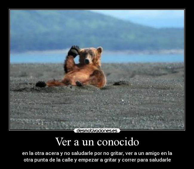 Ver a un conocido - en la otra acera y no saludarle por no gritar, ver a un amigo en la
otra punta de la calle y empezar a gritar y correr para saludarle