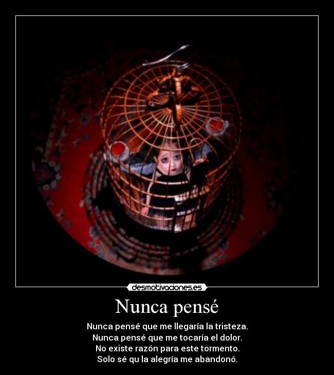 Nunca pensé - Nunca pensé que me llegaría la tristeza.
Nunca pensé que me tocaría el dolor.
No existe razón para este tormento.
Solo sé qu la alegría me abandonó.