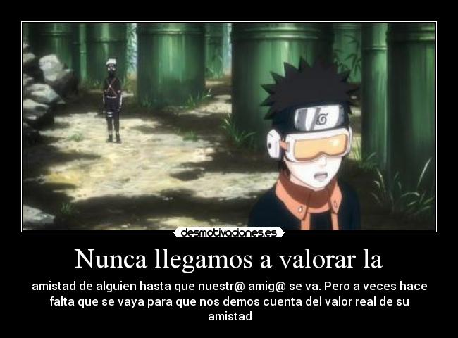 Nunca llegamos a valorar la - amistad de alguien hasta que nuestr@ amig@ se va. Pero a veces hace
falta que se vaya para que nos demos cuenta del valor real de su
amistad