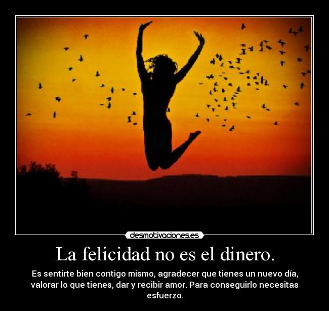 La felicidad no es el dinero. - Es sentirte bien contigo mismo, agradecer que tienes un nuevo día,
valorar lo que tienes, dar y recibir amor. Para conseguirlo necesitas
esfuerzo.