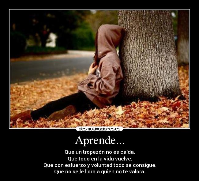 Aprende... - Que un tropezón no es caída.
Que todo en la vida vuelve.
Que con esfuerzo y voluntad todo se consigue.
Que no se le llora a quien no te valora.