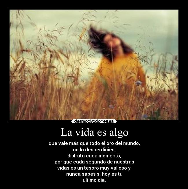 La vida es algo - que vale más que todo el oro del mundo,
no la desperdicies,
disfruta cada momento,
por que cada segundo de nuestras
vidas es un tesoro muy valioso y
nunca sabes si hoy es tu
ultimo dia.