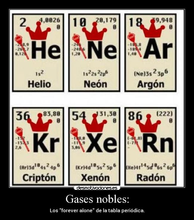 Gases nobles: - Los forever alone de la tabla periódica.