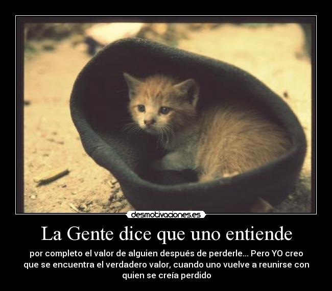 La Gente dice que uno entiende - por completo el valor de alguien después de perderle... Pero YO creo
que se encuentra el verdadero valor, cuando uno vuelve a reunirse con
quien se creía perdido