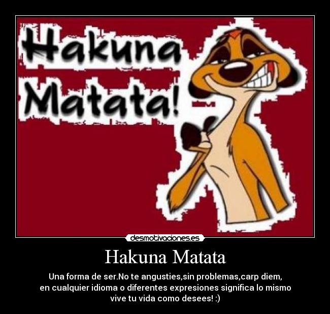 Hakuna Matata - Una forma de ser.No te angusties,sin problemas,carp diem,
en cualquier idioma o diferentes expresiones significa lo mismo
vive tu vida como desees! :)