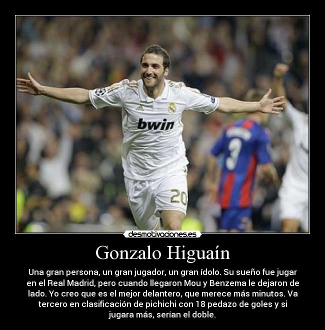 Gonzalo Higuaín - Una gran persona, un gran jugador, un gran ídolo. Su sueño fue jugar
en el Real Madrid, pero cuando llegaron Mou y Benzema le dejaron de
lado. Yo creo que es el mejor delantero, que merece más minutos. Va
tercero en clasificación de pichichi con 18 pedazo de goles y si
jugara más, serían el doble.