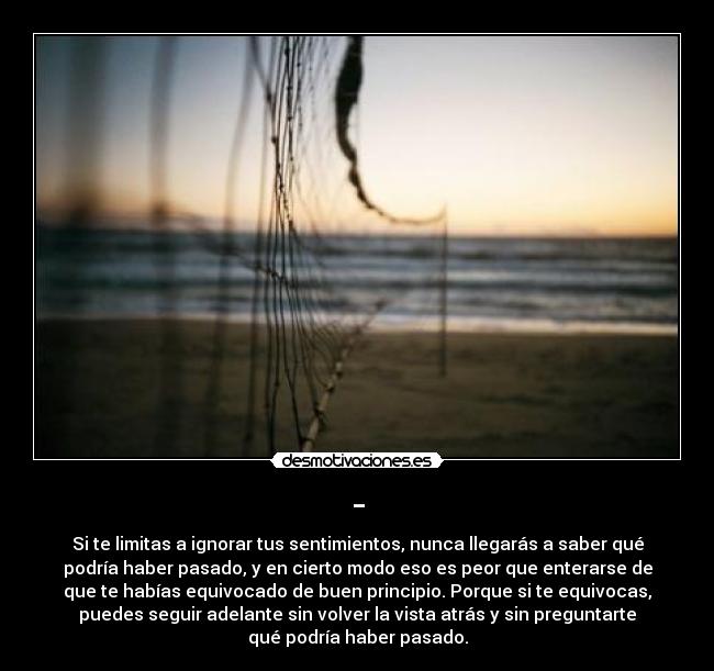 - - Si te limitas a ignorar tus sentimientos, nunca llegarás a saber qué
podría haber pasado, y en cierto modo eso es peor que enterarse de
que te habías equivocado de buen principio. Porque si te equivocas,
puedes seguir adelante sin volver la vista atrás y sin preguntarte
qué podría haber pasado.