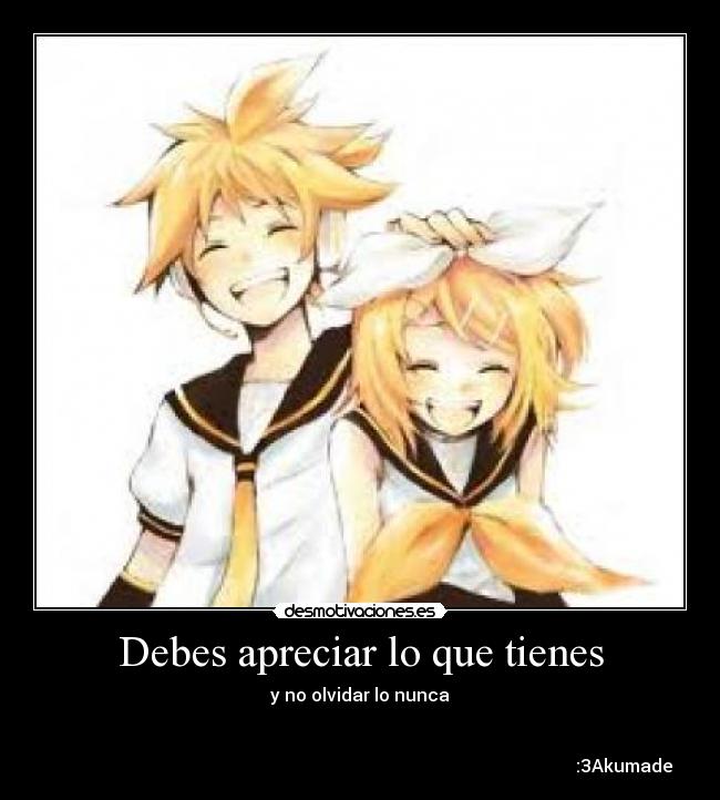 Debes apreciar lo que tienes - y no olvidar lo nunca
:3Akumade