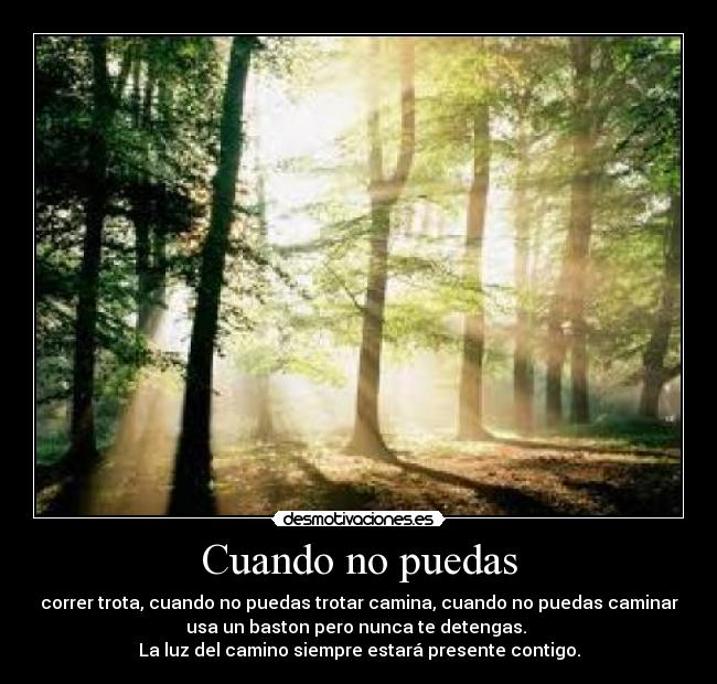 Cuando no puedas - correr trota, cuando no puedas trotar camina, cuando no puedas caminar
usa un baston pero nunca te detengas.
La luz del camino siempre estará presente contigo.