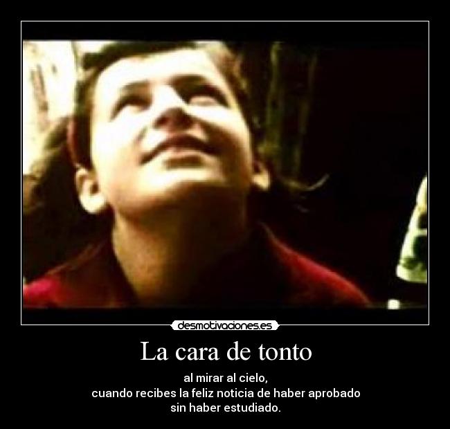 La cara de tonto - al mirar al cielo,
cuando recibes la feliz noticia de haber aprobado
sin haber estudiado.