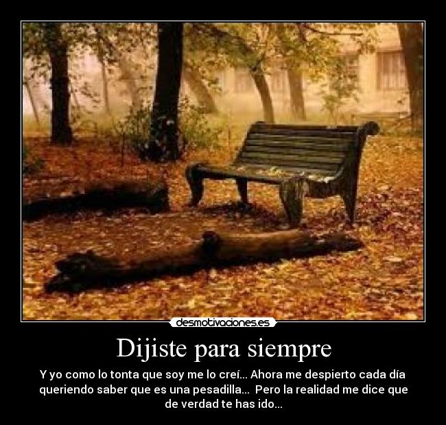 Dijiste para siempre - Y yo como lo tonta que soy me lo creí... Ahora me despierto cada día
queriendo saber que es una pesadilla... Pero la realidad me dice que
de verdad te has ido...