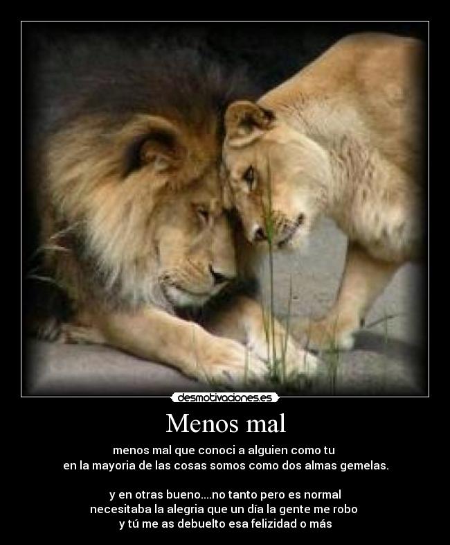 Menos mal - menos mal que conoci a alguien como tu 
en la mayoria de las cosas somos como dos almas gemelas.

y en otras bueno....no tanto pero es normal
necesitaba la alegria que un día la gente me robo 
y tú me as debuelto esa felizidad o más