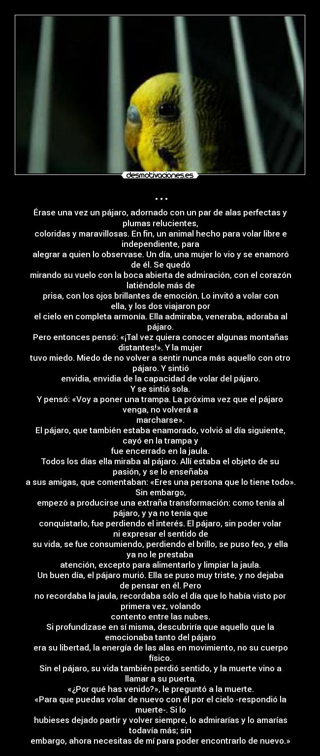 ... - Érase una vez un pájaro, adornado con un par de alas perfectas y
plumas relucientes,
coloridas y maravillosas. En fin, un animal hecho para volar libre e
independiente, para
alegrar a quien lo observase. Un día, una mujer lo vio y se enamoró
de él. Se quedó
mirando su vuelo con la boca abierta de admiración, con el corazón
latiéndole más de
prisa, con los ojos brillantes de emoción. Lo invitó a volar con
ella, y los dos viajaron por
el cielo en completa armonía. Ella admiraba, veneraba, adoraba al
pájaro.
Pero entonces pensó: «¡Tal vez quiera conocer algunas montañas
distantes!». Y la mujer
tuvo miedo. Miedo de no volver a sentir nunca más aquello con otro
pájaro. Y sintió
envidia, envidia de la capacidad de volar del pájaro.
Y se sintió sola.
Y pensó: «Voy a poner una trampa. La próxima vez que el pájaro
venga, no volverá a
marcharse».
El pájaro, que también estaba enamorado, volvió al día siguiente,
cayó en la trampa y
fue encerrado en la jaula.
Todos los días ella miraba al pájaro. Allí estaba el objeto de su
pasión, y se lo enseñaba
a sus amigas, que comentaban: «Eres una persona que lo tiene todo».
Sin embargo,
empezó a producirse una extraña transformación: como tenía al
pájaro, y ya no tenía que
conquistarlo, fue perdiendo el interés. El pájaro, sin poder volar
ni expresar el sentido de
su vida, se fue consumiendo, perdiendo el brillo, se puso feo, y ella
ya no le prestaba
atención, excepto para alimentarlo y limpiar la jaula.
Un buen día, el pájaro murió. Ella se puso muy triste, y no dejaba
de pensar en él. Pero
no recordaba la jaula, recordaba sólo el día que lo había visto por
primera vez, volando
contento entre las nubes.
Si profundizase en sí misma, descubriría que aquello que la
emocionaba tanto del pájaro
era su libertad, la energía de las alas en movimiento, no su cuerpo
físico.
Sin el pájaro, su vida también perdió sentido, y la muerte vino a
llamar a su puerta.
«¿Por qué has venido?», le preguntó a la muerte.
«Para que puedas volar de nuevo con él por el cielo -respondió la
muerte-. Si lo
hubieses dejado partir y volver siempre, lo admirarías y lo amarías
todavía más; sin
embargo, ahora necesitas de mí para poder encontrarlo de nuevo.»