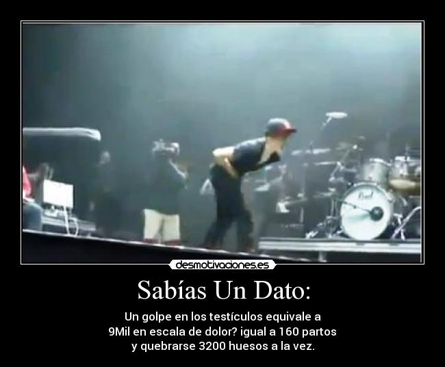 Sabías Un Dato: - Un golpe en los testículos equivale a
 9Mil en escala de dolor? igual a 160 partos 
y quebrarse 3200 huesos a la vez.