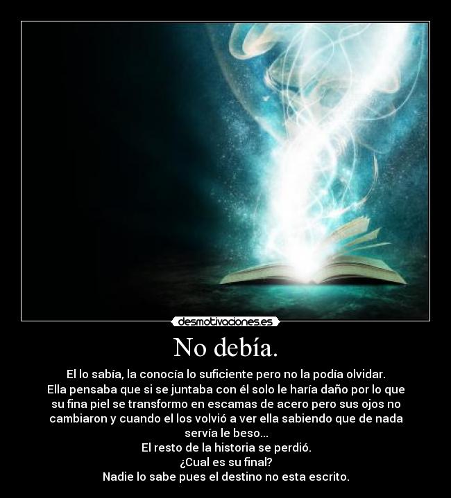 No debía. - El lo sabía, la conocía lo suficiente pero no la podía olvidar.
Ella pensaba que si se juntaba con él solo le haría daño por lo que
su fina piel se transformo en escamas de acero pero sus ojos no
cambiaron y cuando el los volvió a ver ella sabiendo que de nada
servía le beso...
El resto de la historia se perdió.
¿Cual es su final?
Nadie lo sabe pues el destino no esta escrito.