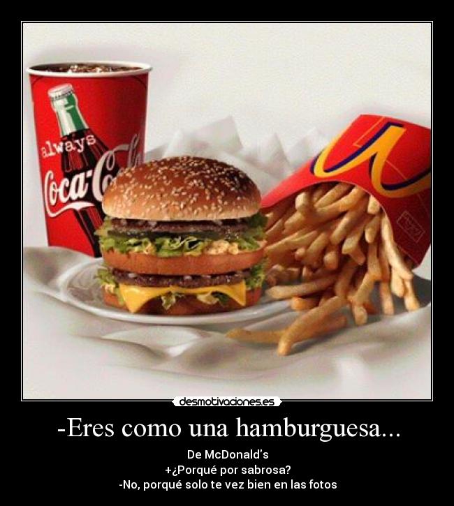 -Eres como una hamburguesa... - De McDonalds
+¿Porqué por sabrosa?
-No, porqué solo te vez bien en las fotos