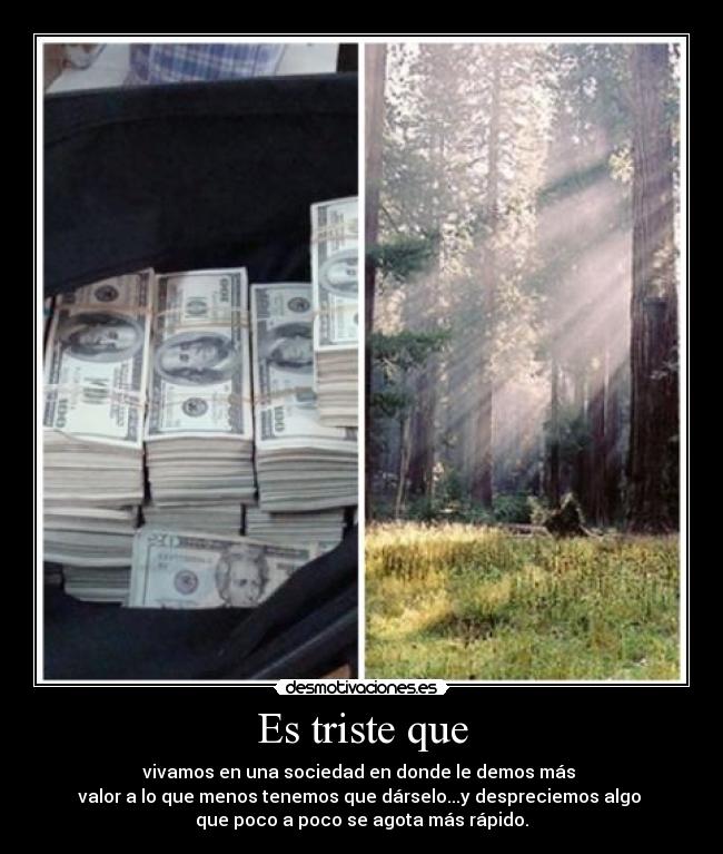 Es triste que - vivamos en una sociedad en donde le demos más
valor a lo que menos tenemos que dárselo...y despreciemos algo
que poco a poco se agota más rápido.