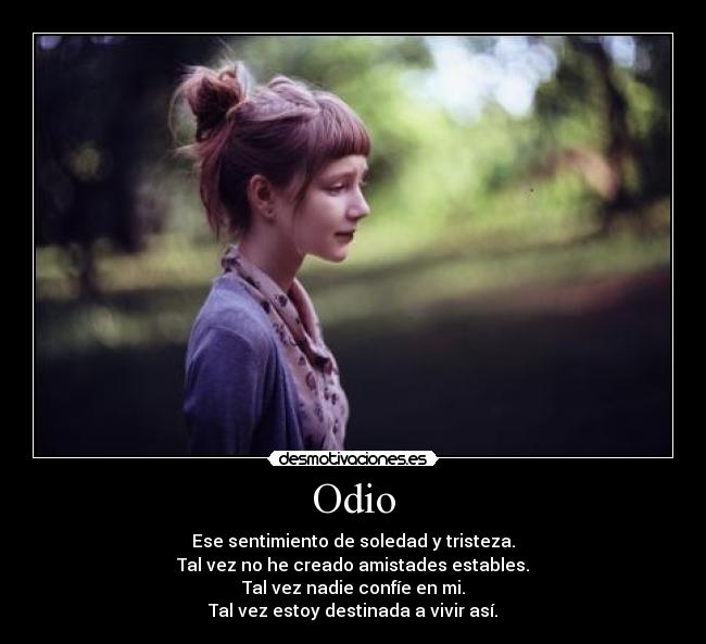Odio - Ese sentimiento de soledad y tristeza.
Tal vez no he creado amistades estables.
Tal vez nadie confíe en mi.
Tal vez estoy destinada a vivir así.