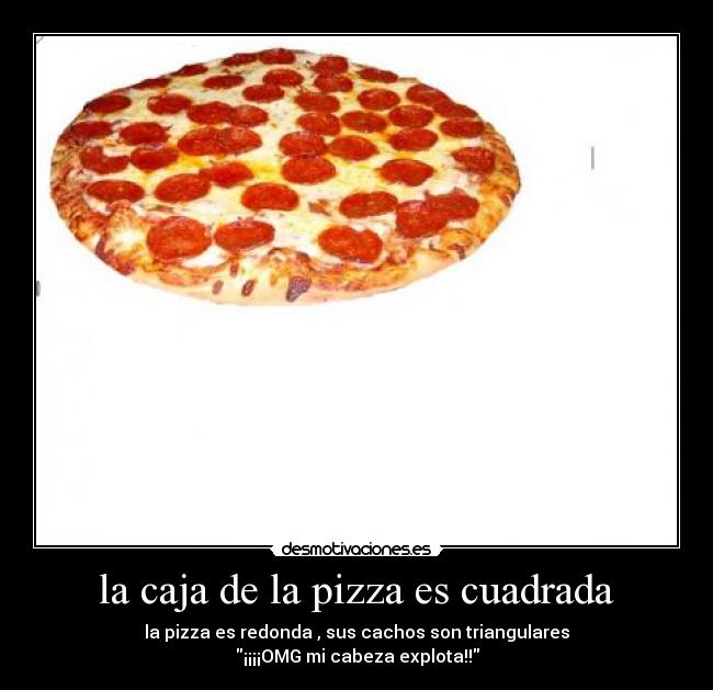 la caja de la pizza es cuadrada - la pizza es redonda , sus cachos son triangulares
¡¡¡¡OMG mi cabeza explota!!