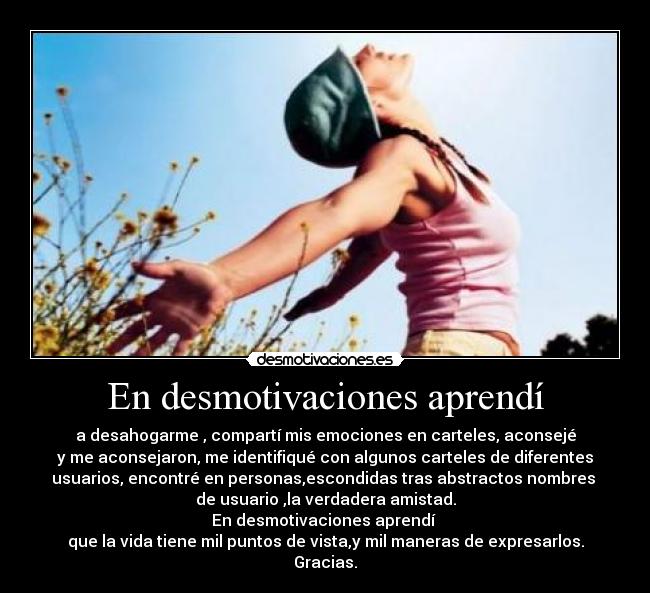 En desmotivaciones aprendí - a desahogarme , compartí mis emociones en carteles, aconsejé
y me aconsejaron, me identifiqué con algunos carteles de diferentes
usuarios, encontré en personas,escondidas tras abstractos nombres 
de usuario ,la verdadera amistad.
En desmotivaciones aprendí 
que la vida tiene mil puntos de vista,y mil maneras de expresarlos.
Gracias.