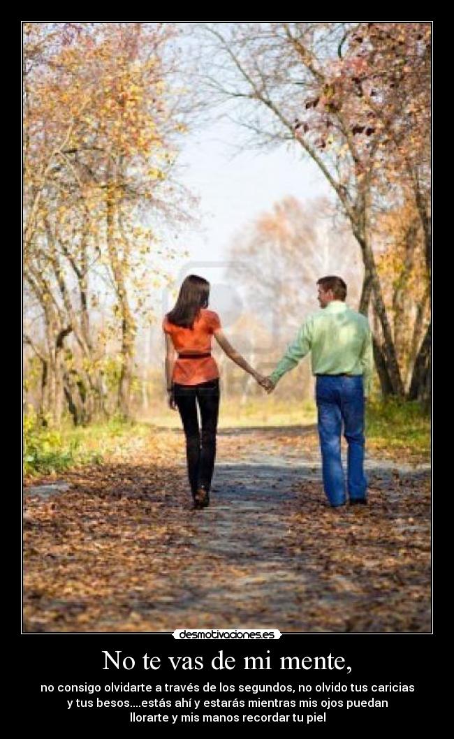 No te vas de mi mente, - no consigo olvidarte a través de los segundos, no olvido tus caricias
y tus besos....estás ahí y estarás mientras mis ojos puedan
llorarte y mis manos recordar tu piel