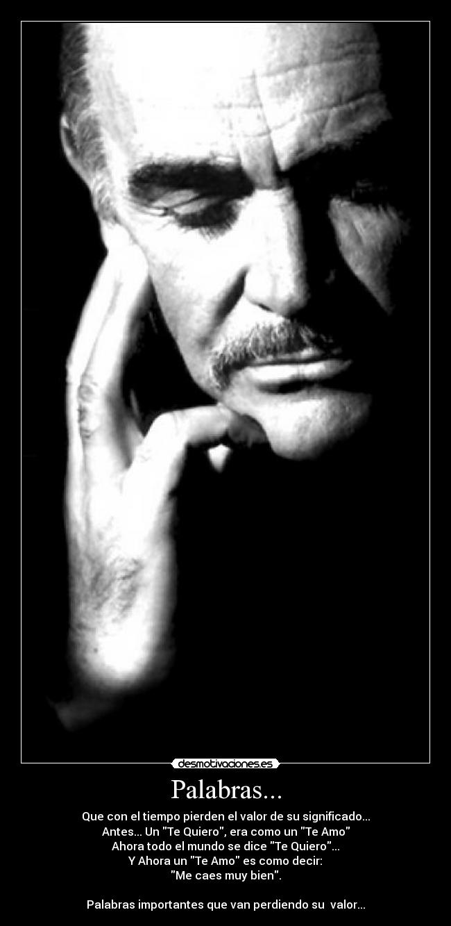 Palabras... - Que con el tiempo pierden el valor de su significado...
Antes... Un Te Quiero, era como un Te Amo
Ahora todo el mundo se dice Te Quiero...
Y Ahora un Te Amo es como decir:
Me caes muy bien.
Palabras importantes que van perdiendo su valor...