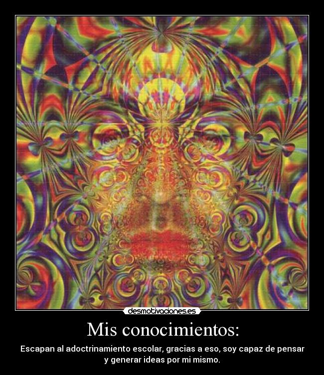 Mis conocimientos: - Escapan al adoctrinamiento escolar, gracias a eso, soy capaz de pensar
y generar ideas por mi mismo.